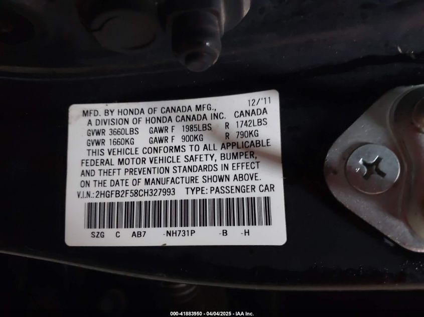 2012 Honda Civic VIN: 2HGSB2S58CH327993 Lot: 41883950