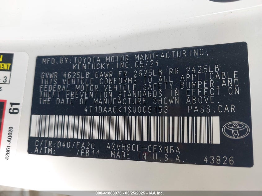 2025 TOYOTA CAMRY VIN: 4T1DAACK1SU009153