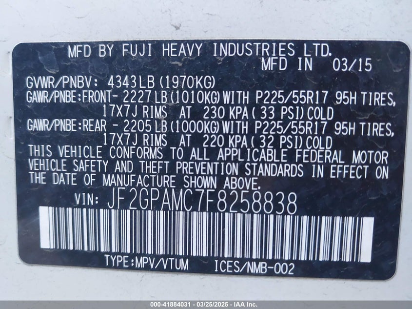 2015 SUBARU XV CROSSTREK 2.0I LIMITED - JF2GPAMC7F8258838