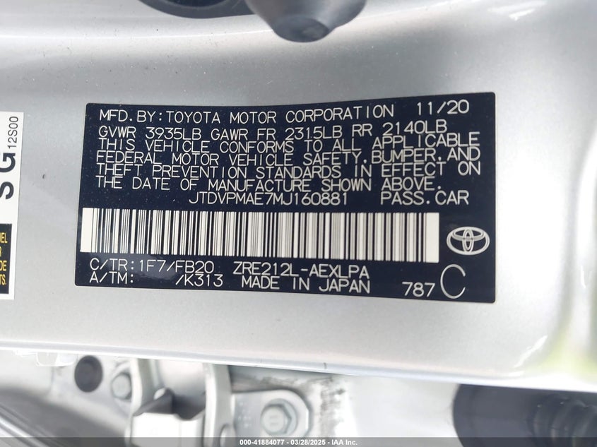 2021 TOYOTA COROLLA VIN: JTDVPMAE7MJ160881