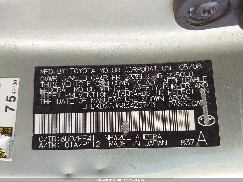 2008 TOYOTA PRIUS VIN: JTDKB20U683423743
