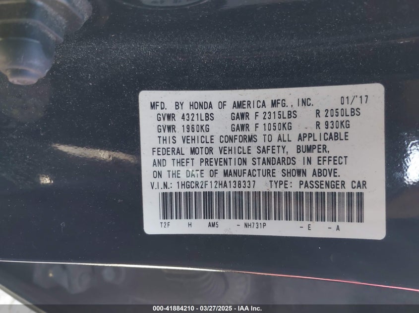 2017 HONDA ACCORD VIN: 1HGCR2F12HA138337