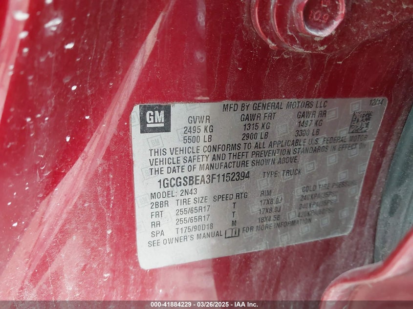 2015 CHEVROLET COLORADO VIN: 1GCGSBEA3F1152394