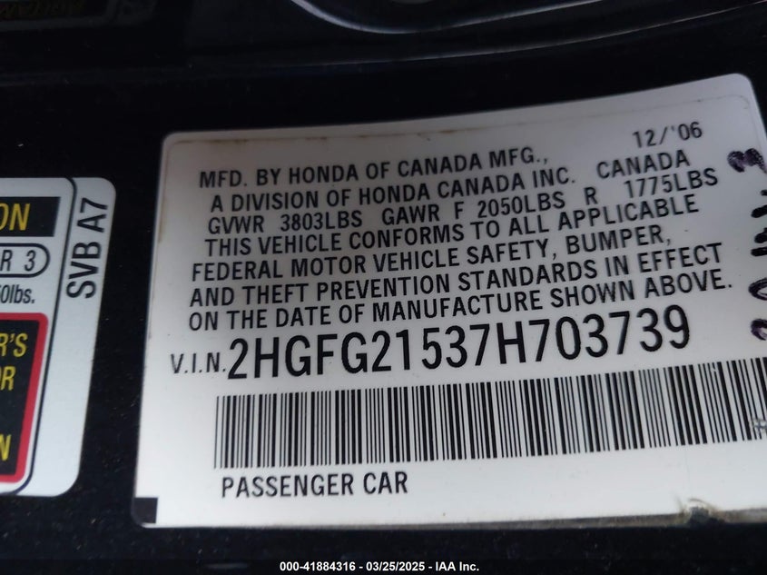 2007 HONDA CIVIC VIN: 2HGFG21537H703739