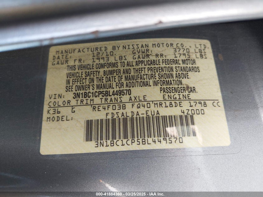 2011 NISSAN VERSA VIN: 3N1BC1CP5BL449570