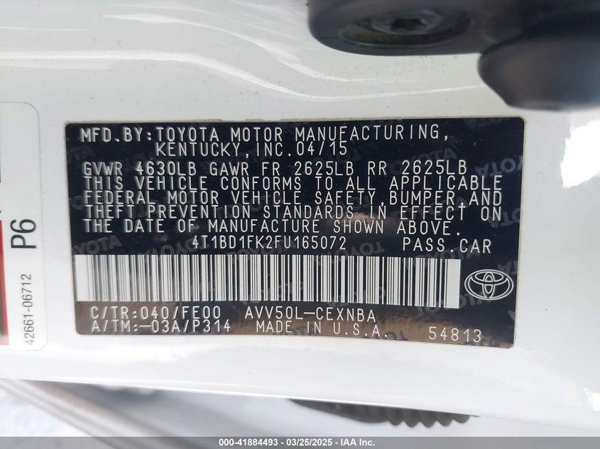 2015 TOYOTA CAMRY HYBRID VIN: 4T1BD1FK2FU165072