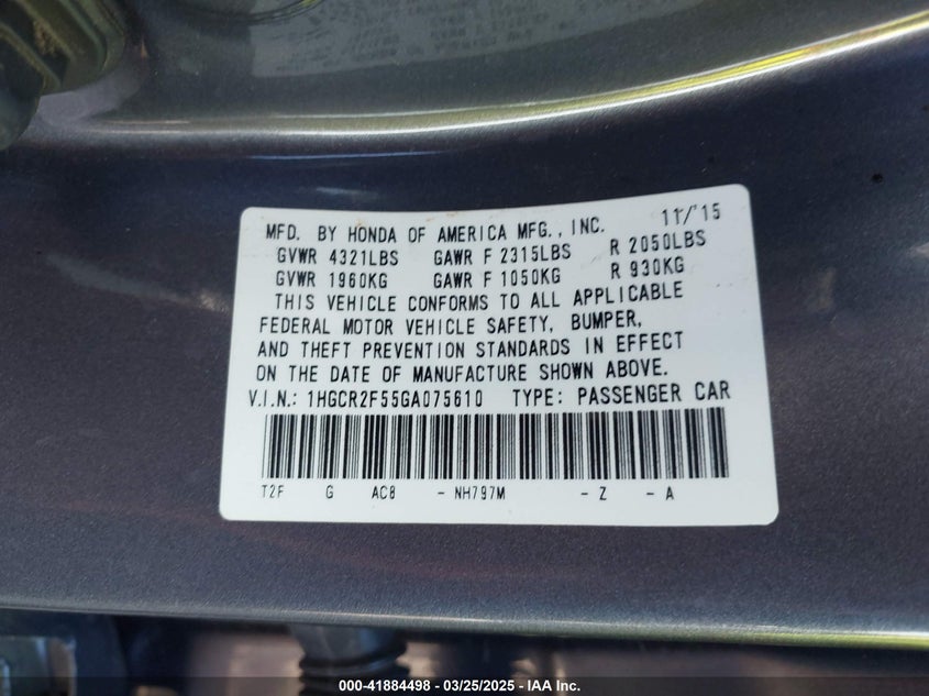2016 HONDA ACCORD VIN: 1HGCR2F55GA075610