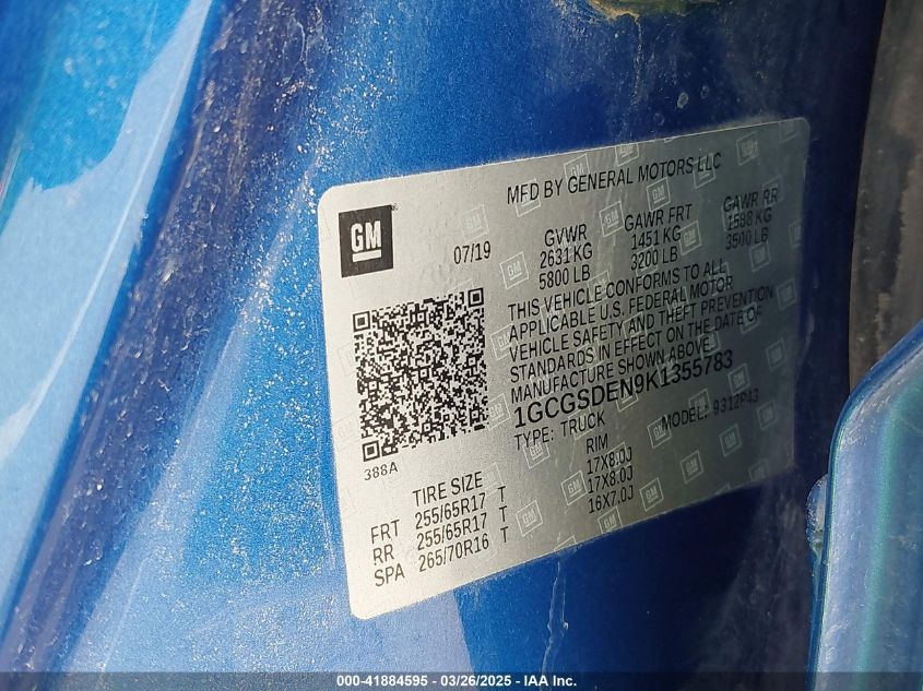 2019 Chevrolet Colorado Z71 VIN: 1GCGSDEN9K1355783 Lot: 41884595