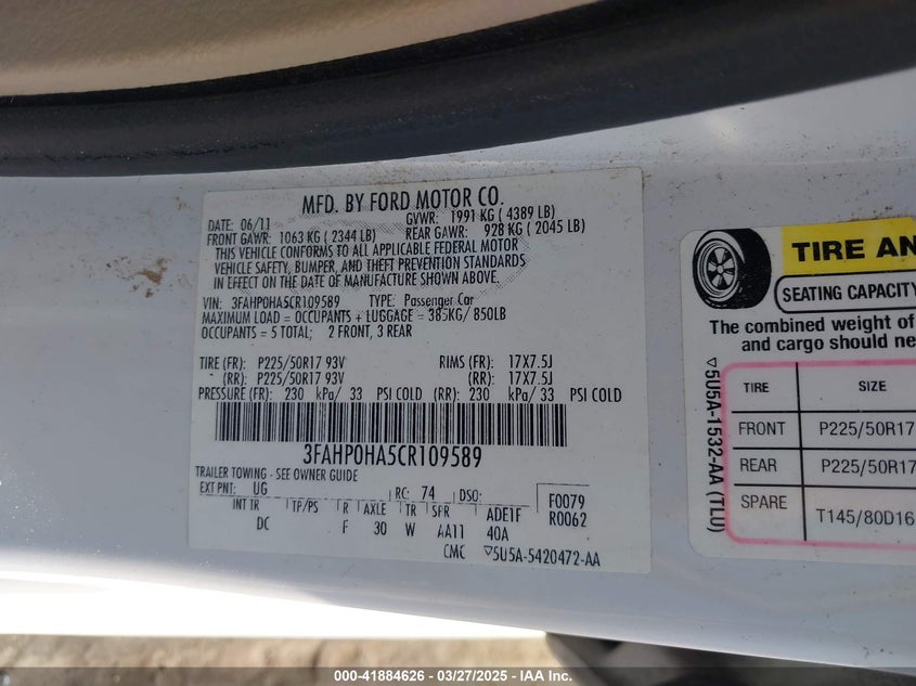 2012 FORD FUSION VIN: 3FAHP0HA5CR109589