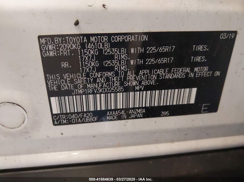2019 TOYOTA RAV4 VIN: JTMP1RFV3KD025585