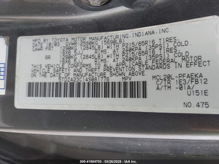 2004 Toyota Sienna Le VIN: 5TDZA23C14S081776 Lot: 41884703