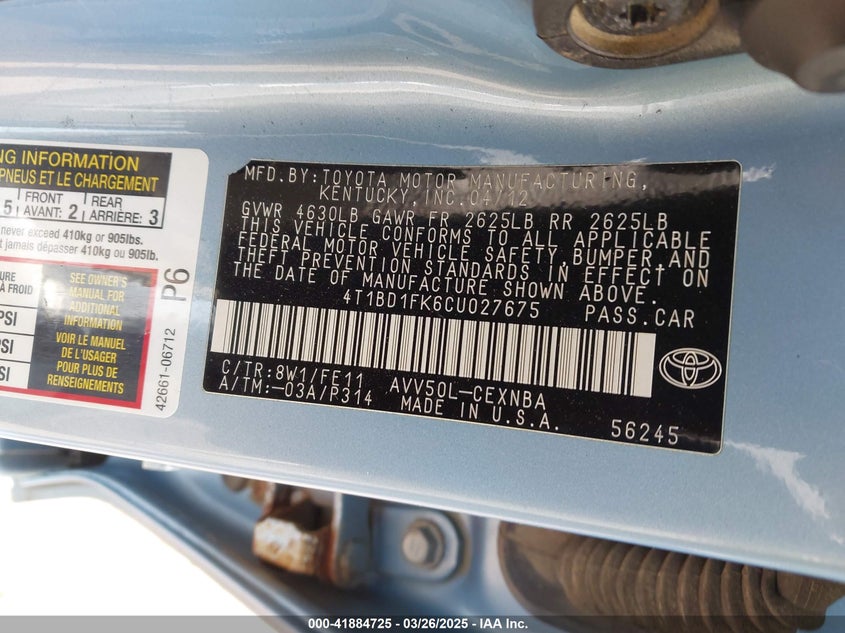2012 TOYOTA CAMRY VIN: 4T1BD1FK6CU027675