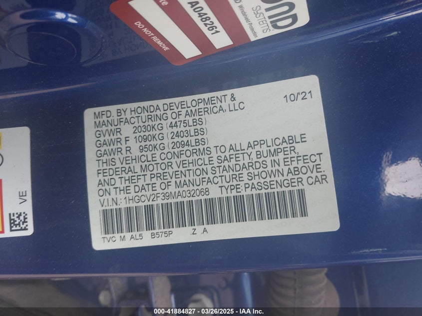 2021 HONDA ACCORD VIN: 1HGCV2F39MA032068