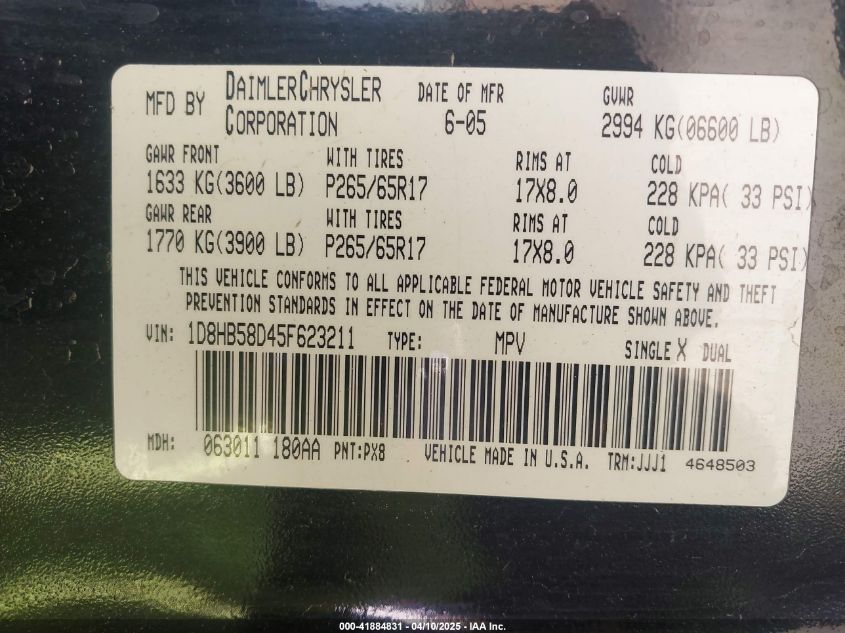 2005 Dodge Durango Limited VIN: 1D8HB58D45F623211 Lot: 41884831