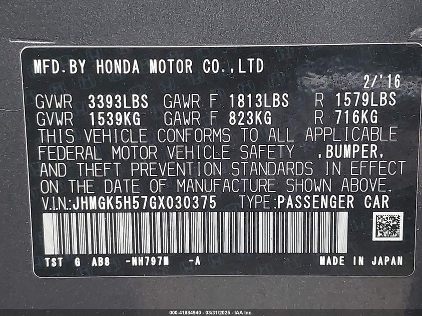 2016 HONDA FIT VIN: JHMGK5H57GX030375