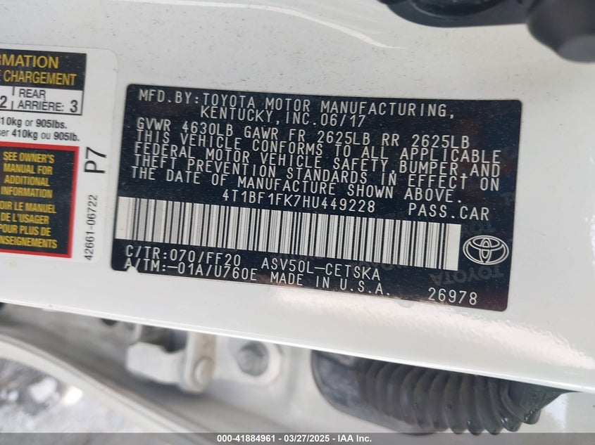 2017 TOYOTA CAMRY VIN: 4T1BF1FK7HU449228