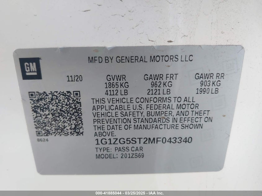2021 CHEVROLET MALIBU VIN: 1G1ZG5ST2MF043340