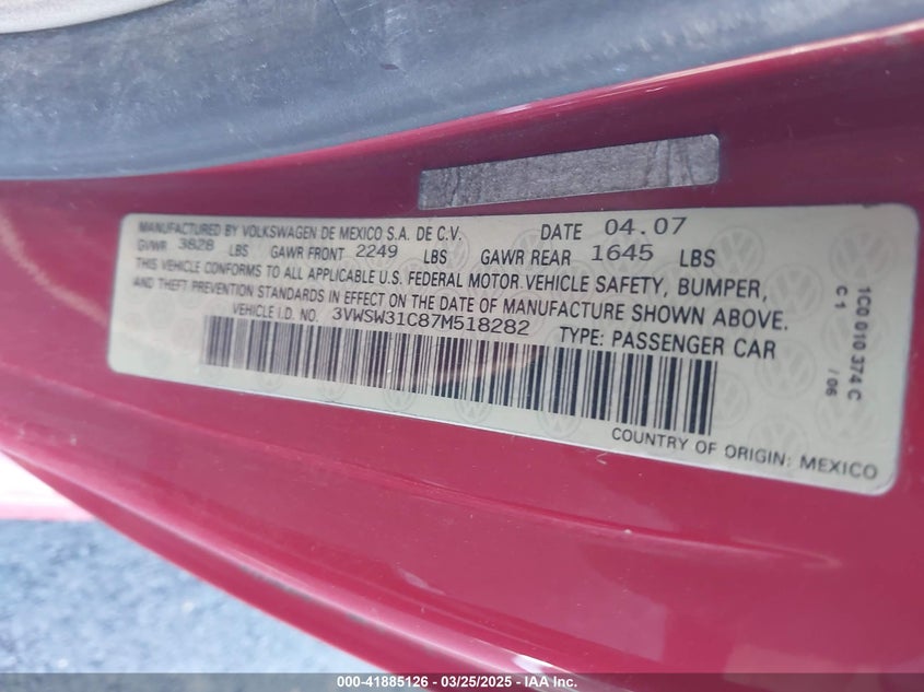 2007 VOLKSWAGEN NEW BEETLE VIN: 3VWSW31C87M518282