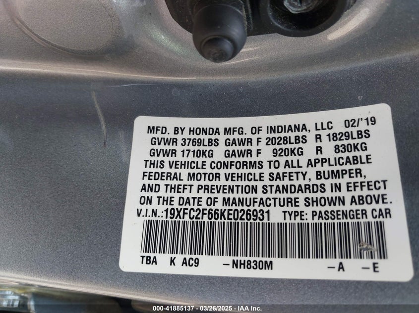 2019 HONDA CIVIC VIN: 19XFC2F66KE026931