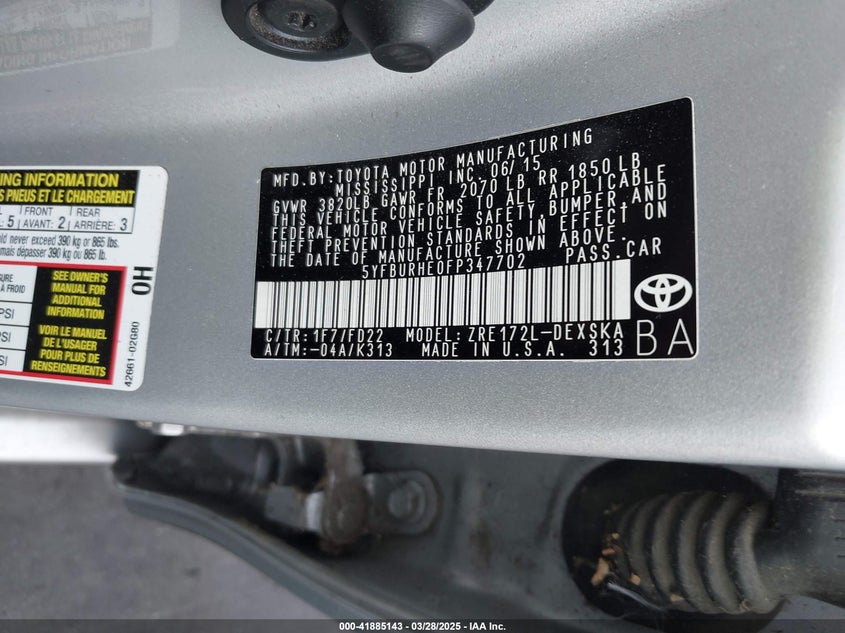 2015 TOYOTA COROLLA L/LE/LE PLS/PRM/S/S PLS - 5YFBURHE0FP347702