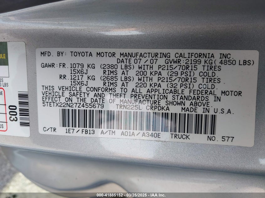 2007 TOYOTA TACOMA VIN: 5TETX22N27Z455679