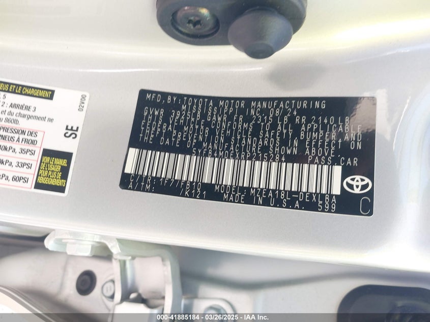 2024 TOYOTA COROLLA VIN: 5YFB4MDEXRP215284