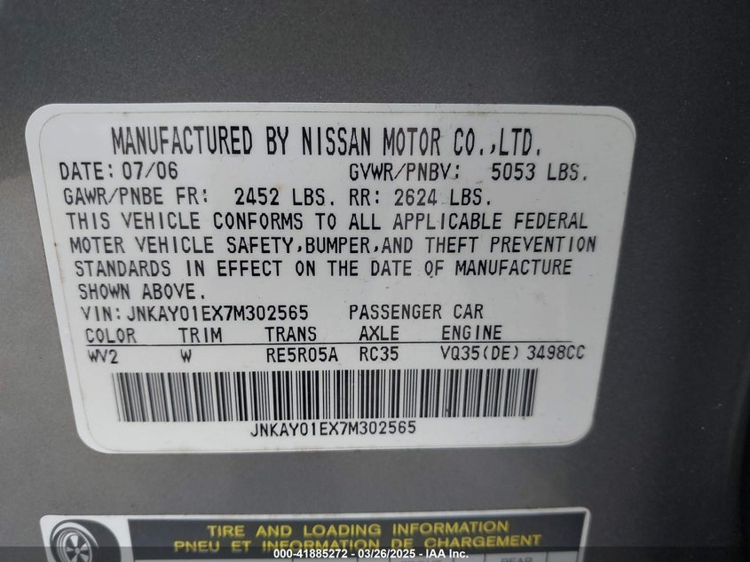 2007 INFINITI M35 VIN: JNKAY01EX7M302565