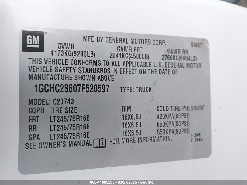 2007 CHEVROLET SILVERADO 2500HD VIN: 1GCHC23607F520597
