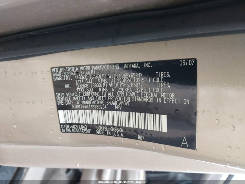 2007 Toyota Sequoia Sr5 V8 VIN: 5TDBT44A77S289234 Lot: 41885316