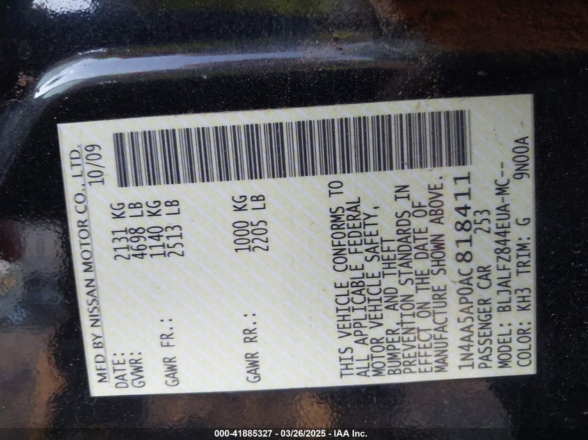 2010 NISSAN MAXIMA VIN: 1N4AA5AP0AC818411