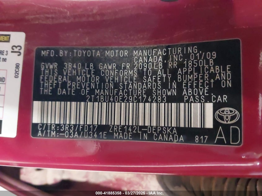 2009 TOYOTA COROLLA VIN: 2T1BU40E29C174283