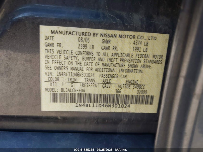 2006 NISSAN ALTIMA VIN: 1N4BL11D46N301024