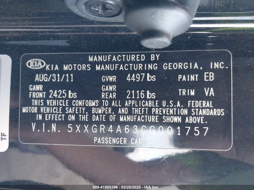 2012 Kia Optima Sx VIN: 5XXGR4A63CG001757 Lot: 41885396