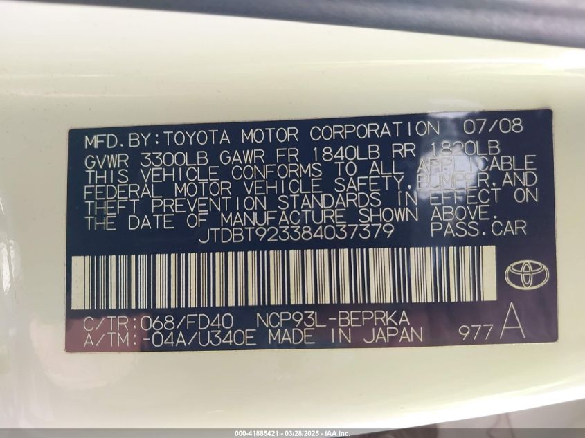 2008 Toyota Yaris VIN: JTDBT923384037379 Lot: 41885421