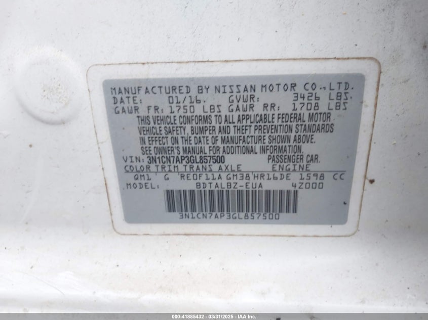 2016 NISSAN VERSA VIN: 3N1CN7AP3GL857500
