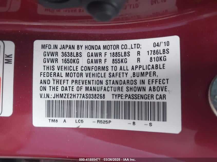 2010 HONDA INSIGHT VIN: JHMZE2H77AS038268