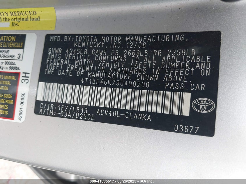 2009 TOYOTA CAMRY VIN: 4T1BE46K79U400200