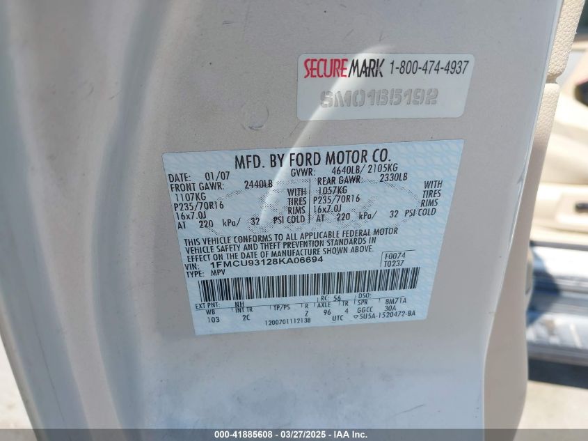 2008 Ford Escape Xlt VIN: 1FMCU93128KA06694 Lot: 41885608