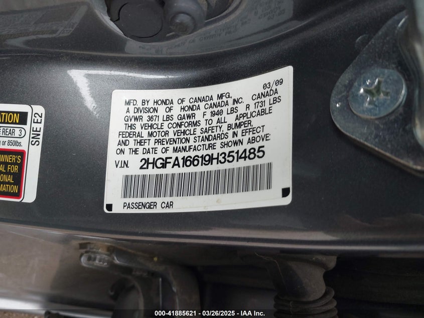 2009 HONDA CIVIC VIN: 2HGFA16619H351485