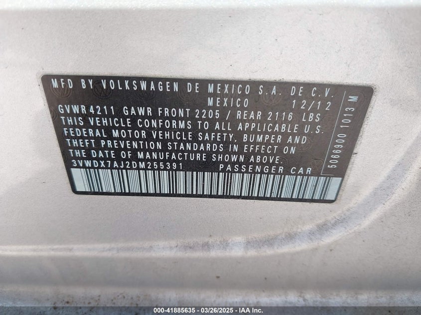 2013 VOLKSWAGEN JETTA VIN: 3VWDX7AJ2DM255391