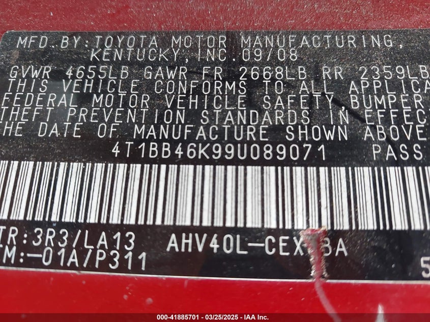 2009 TOYOTA CAMRY HYBRID VIN: 4T1BB46K99U089071