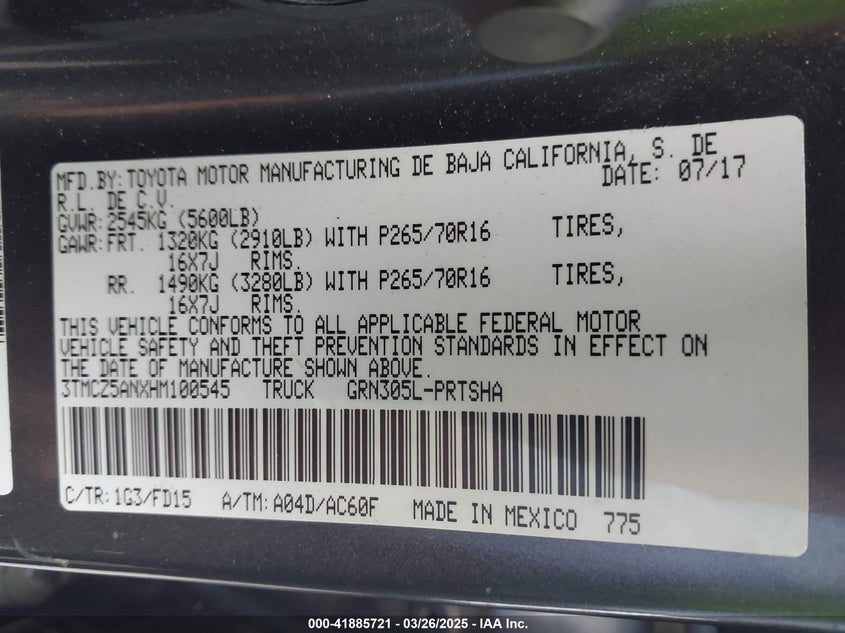 2017 TOYOTA TACOMA VIN: 3TMCZ5ANXHM100545