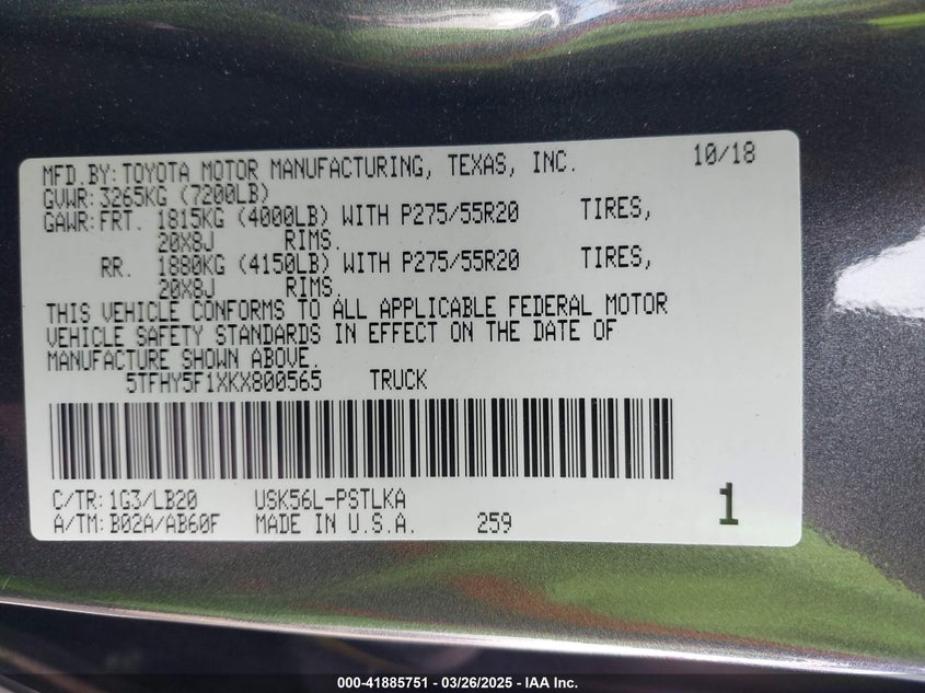 2019 TOYOTA TUNDRA VIN: 5TFHY5F1XKX800565