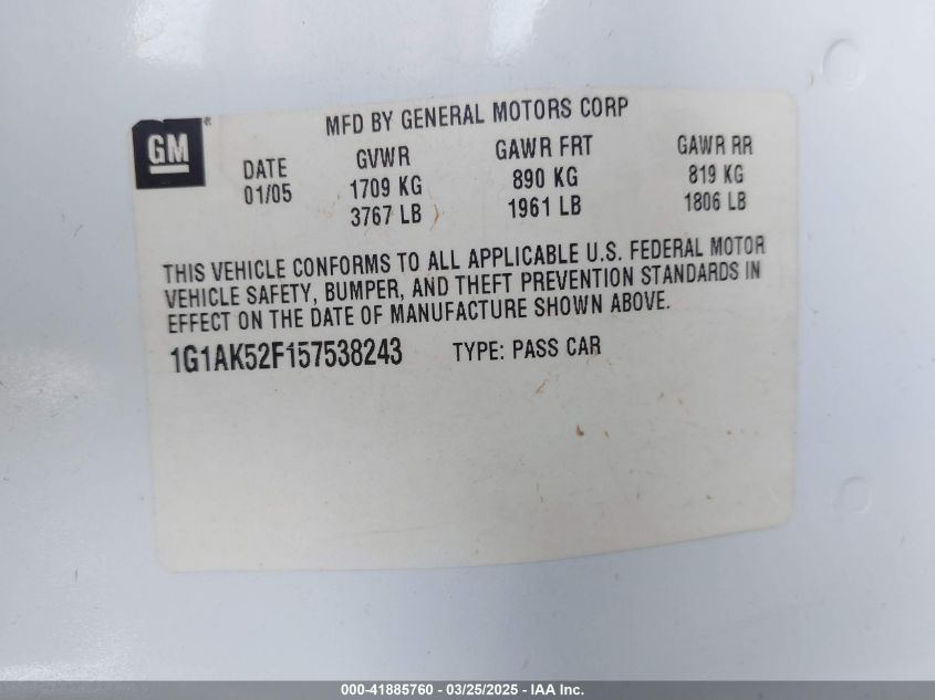 2005 Chevrolet Cobalt VIN: 1G1AK52F157538243 Lot: 41885760