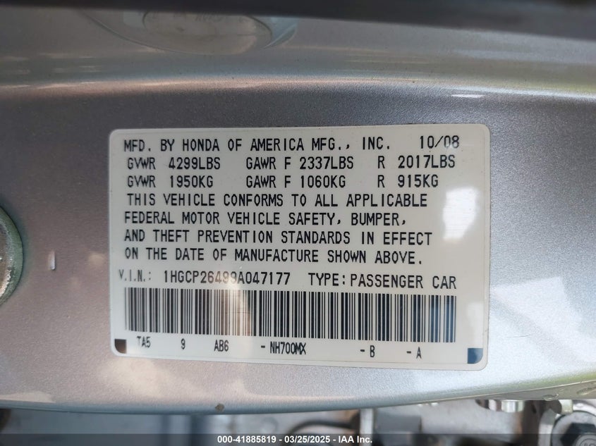 2009 HONDA ACCORD VIN: 1HGCP26499A047177