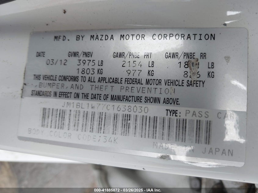 2012 MAZDA 3 VIN: JM1BL1W77C1638030