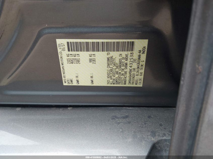 2017 Nissan Maxima 3.5 S VIN: 1N4AA6AP0HC432538 Lot: 41885882