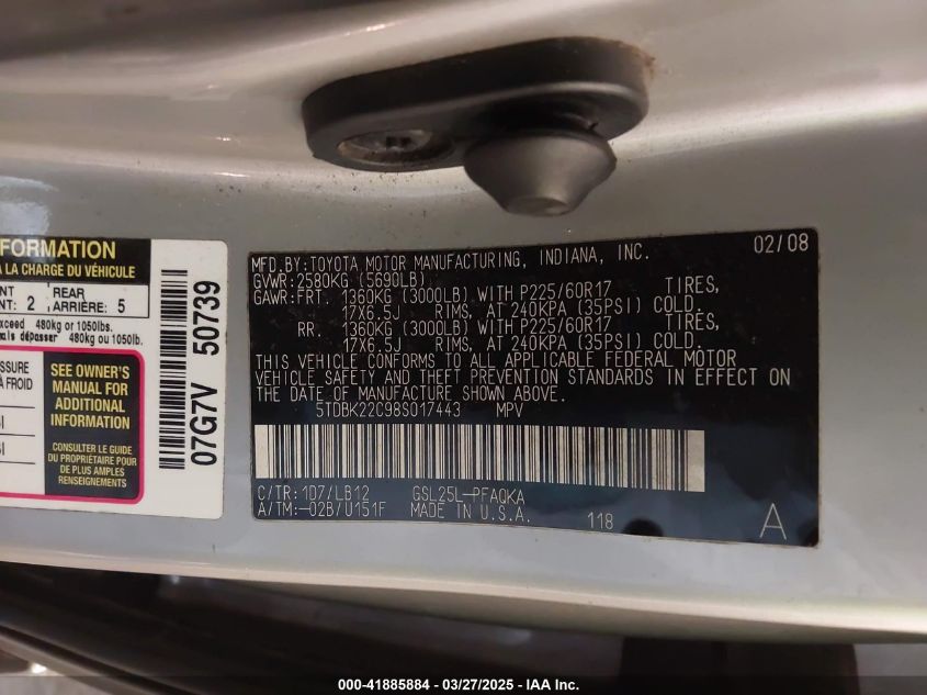 2008 Toyota Sienna Limited VIN: 5TDBK22C98S017443 Lot: 41885884