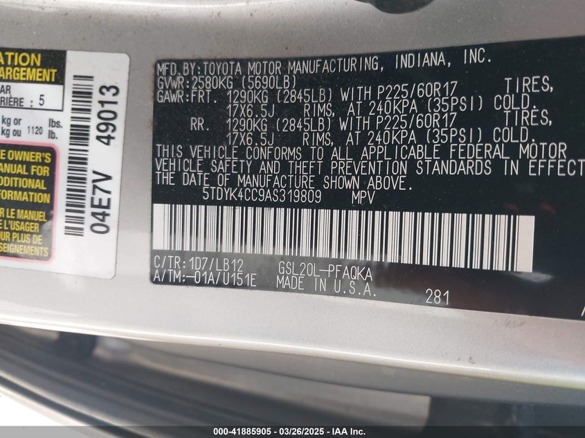 2010 TOYOTA SIENNA VIN: 5TDYK4CC9AS319809