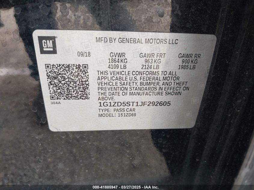 2018 Chevrolet Malibu Lt VIN: 1G1ZD5ST1JF292605 Lot: 41885947